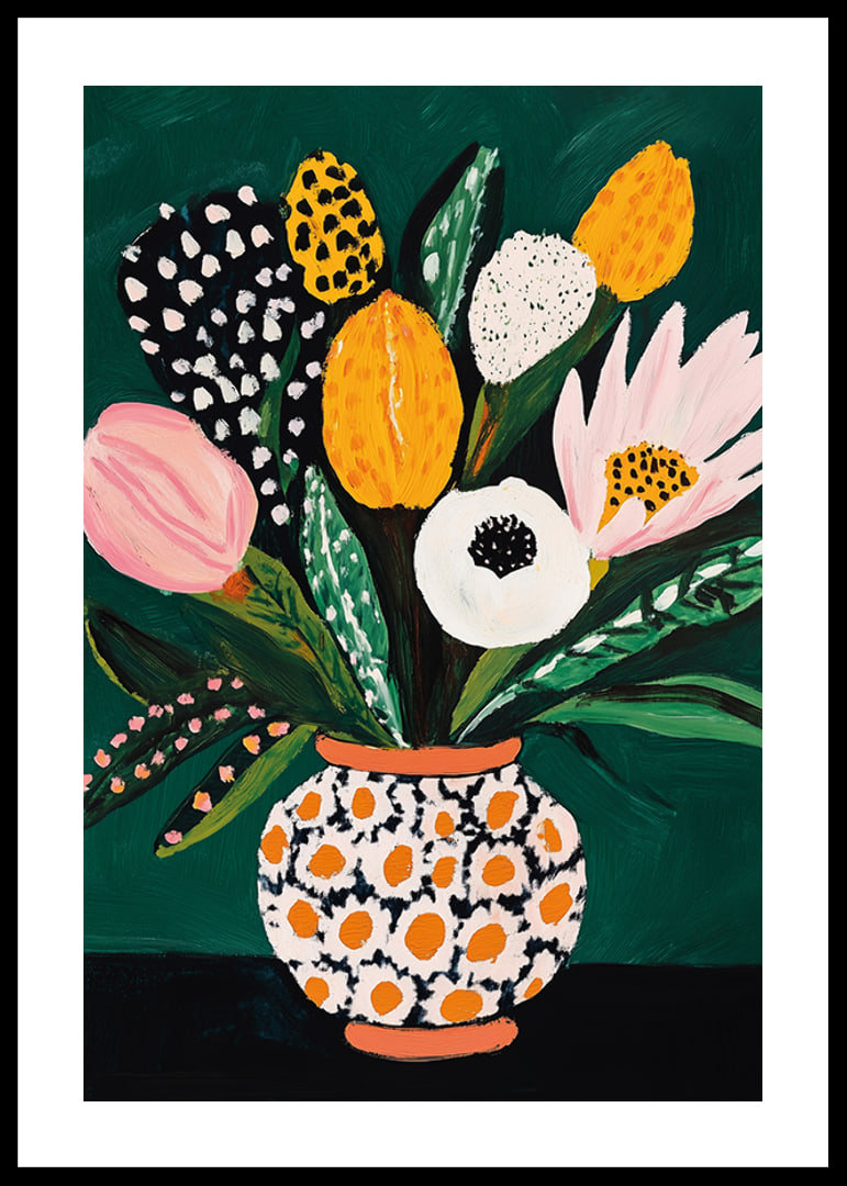 Colorful flowers in a patterned vase against a deep green background-12