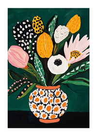 Colorful flowers in a patterned vase against a deep green background-1