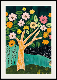 Blommande träd i livliga färger ger rummet en fräsch och glad atmosfär-2