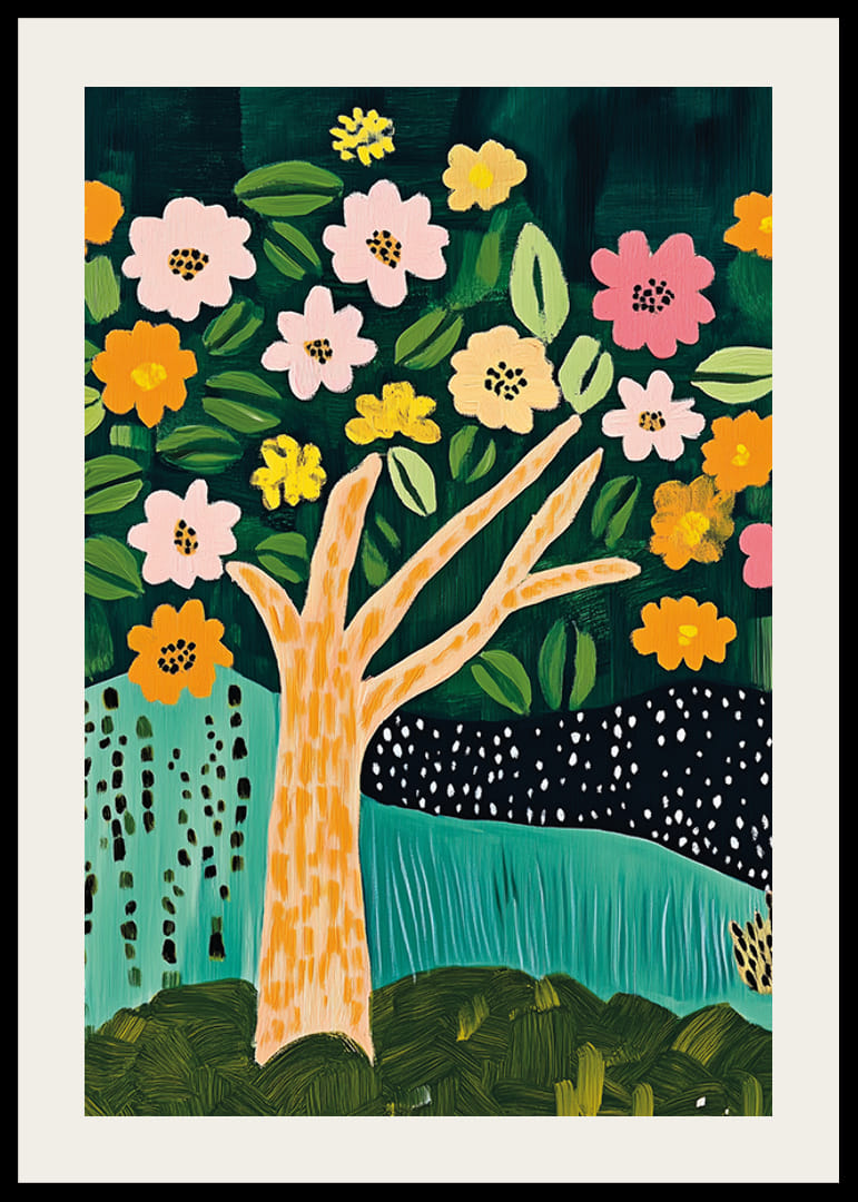 Blommande träd i livliga färger ger rummet en fräsch och glad atmosfär-12