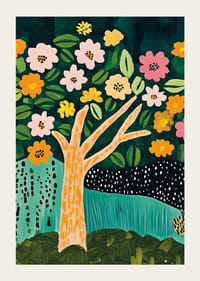 Blommande träd i livliga färger ger rummet en fräsch och glad atmosfär-3