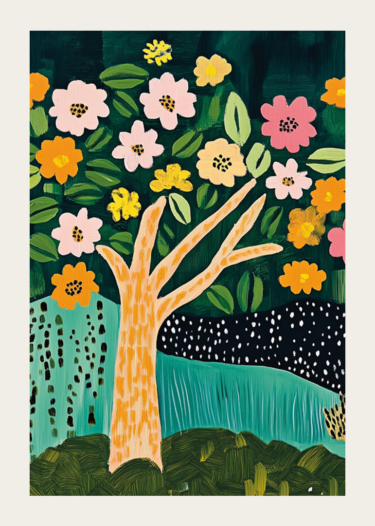 Blommande träd i livliga färger ger rummet en fräsch och glad atmosfär-12