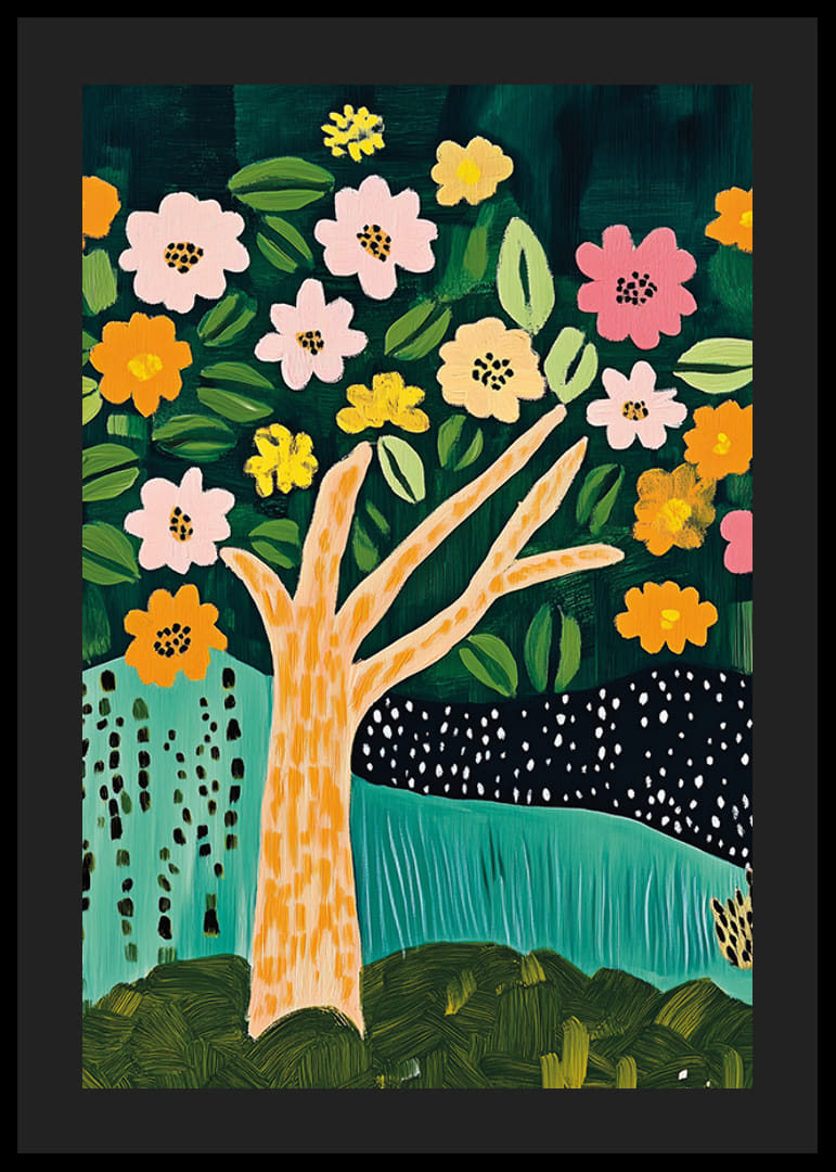 Blommande träd i livliga färger ger rummet en fräsch och glad atmosfär-12