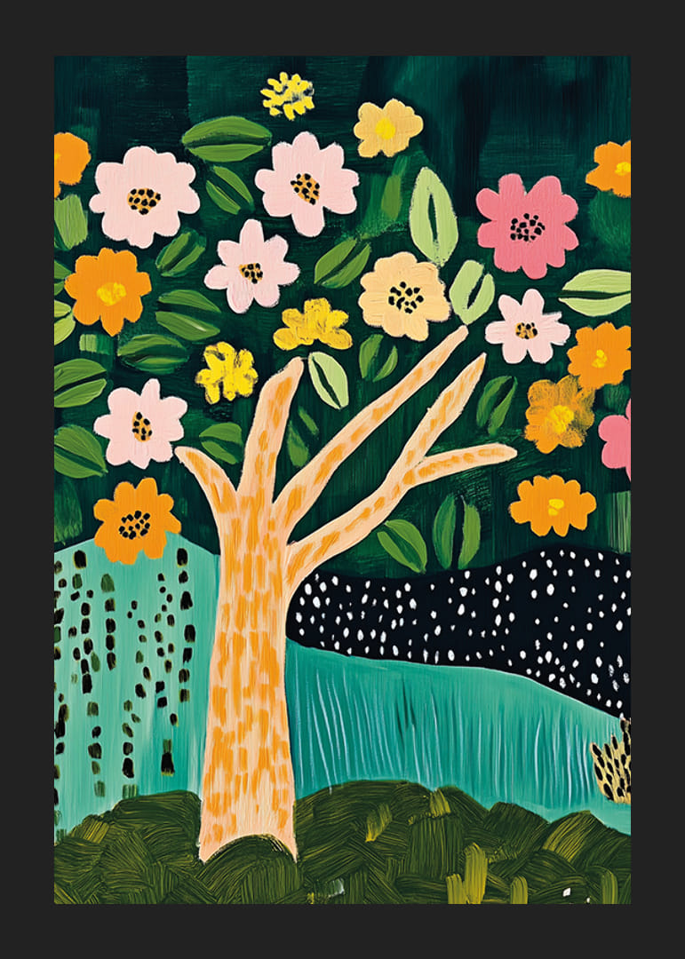 Blommande träd i livliga färger ger rummet en fräsch och glad atmosfär-12