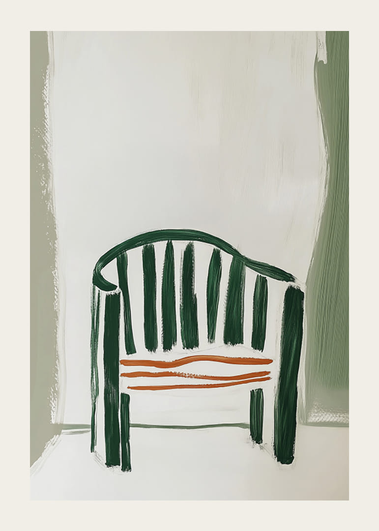 Abstrakt stol i gröna och orange nyanser ger en stilren atmosfär.-12