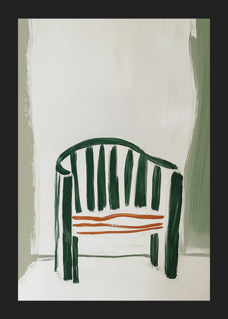 Abstrakt stol i gröna och orange nyanser ger en stilren atmosfär.-12