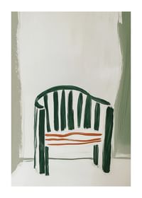Abstracte stoel in groene en oranje tinten creëert een stijlvolle sfeer.-1