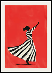 Dancing silhouette in black and white stripes against a bold red background-2