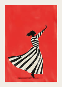 Dancing silhouette in black and white stripes against a bold red background-3