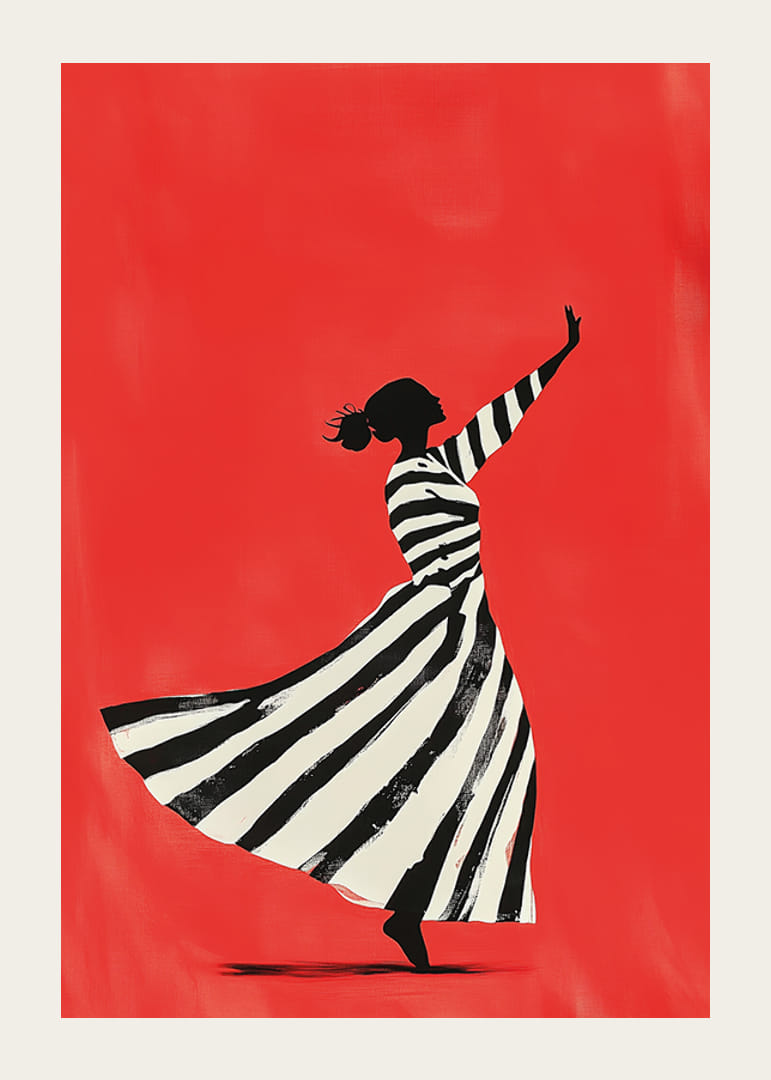 Dancing silhouette in black and white stripes against a bold red background-12