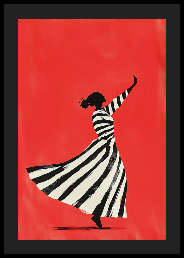 Dancing silhouette in black and white stripes against a bold red background-12