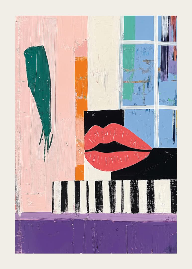 Colorful abstract artwork with bold lips and geometric shapes-12