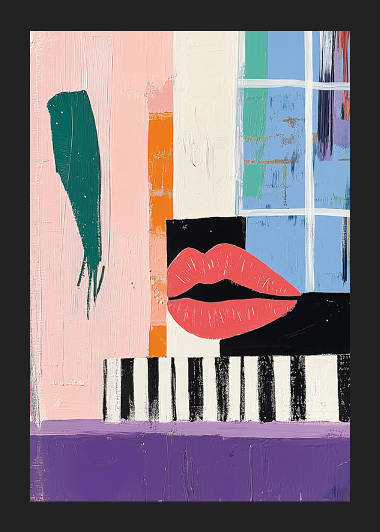 Colorful abstract artwork with bold lips and geometric shapes-12