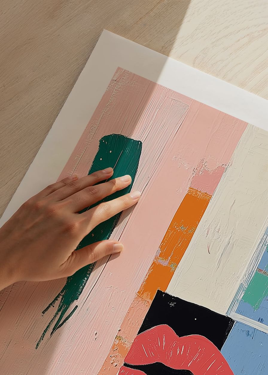 Operă de artă abstractă colorată, cu buze îndrăznețe și forme geometrice-12