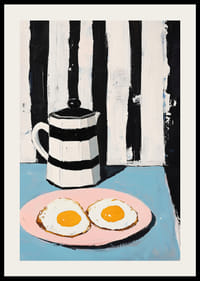 Contrasting breakfast scene with eggs on pink plate and striped jug-2