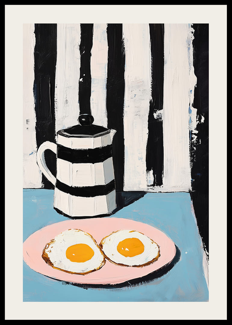 Contrasting breakfast scene with eggs on pink plate and striped jug-12