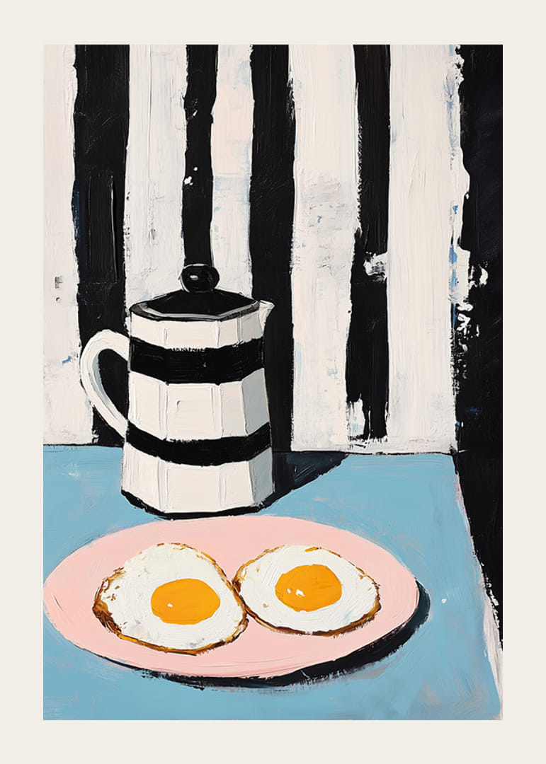 Contrasting breakfast scene with eggs on pink plate and striped jug-12