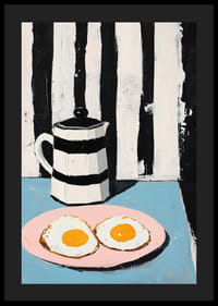 Contrasting breakfast scene with eggs on pink plate and striped jug-4