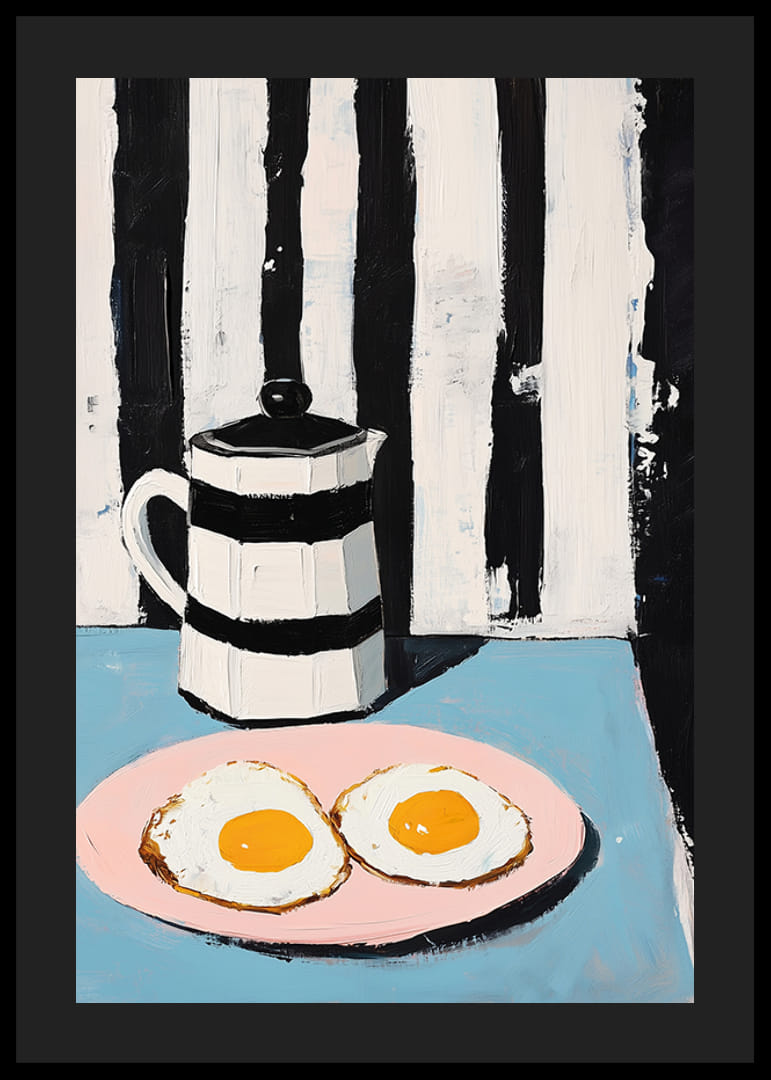 Contrasting breakfast scene with eggs on pink plate and striped jug-12