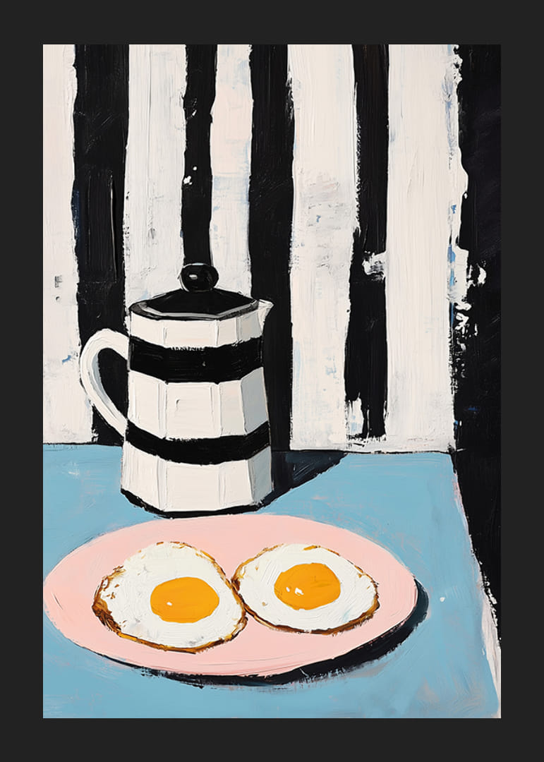 Contrasting breakfast scene with eggs on pink plate and striped jug-12