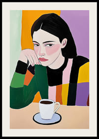 Färgsprakande konst med en tänkande kvinna och kryddigt kaffe-2