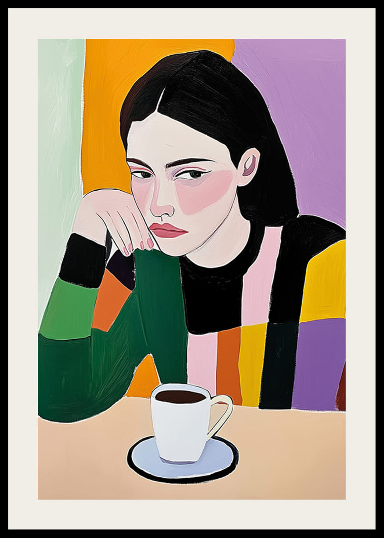 Färgsprakande konst med en tänkande kvinna och kryddigt kaffe-12