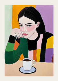 Färgsprakande konst med en tänkande kvinna och kryddigt kaffe-3