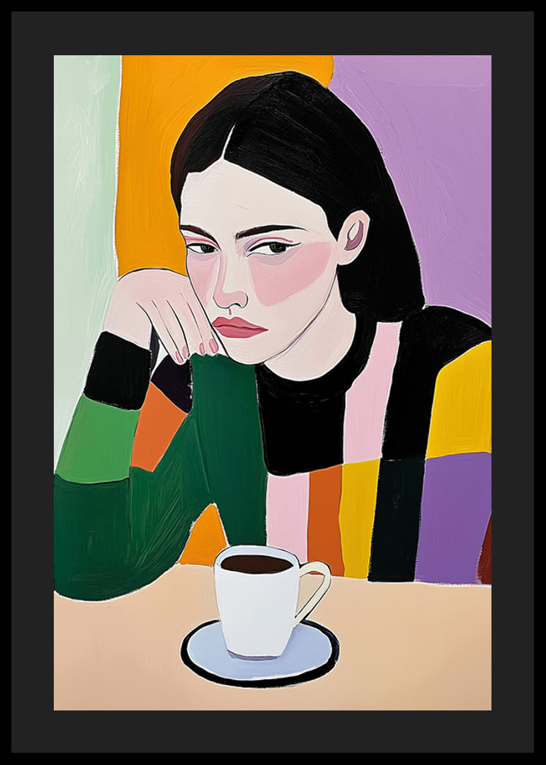 Färgsprakande konst med en tänkande kvinna och kryddigt kaffe-12