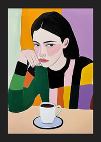 Färgsprakande konst med en tänkande kvinna och kryddigt kaffe-5