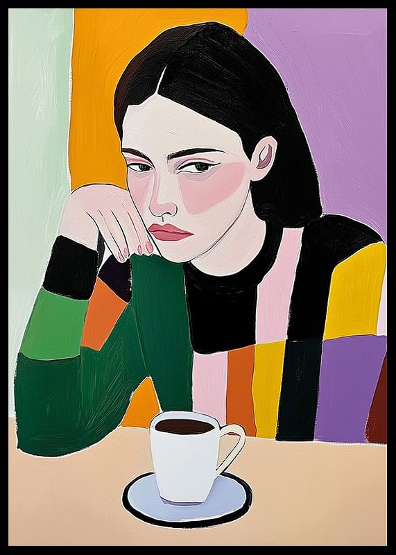 Artă colorată cu o femeie gânditoare și cafea picant-12