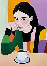 Artă colorată cu o femeie gânditoare și cafea picant-3