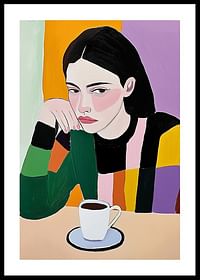 Artă colorată cu o femeie gânditoare și cafea picant-0