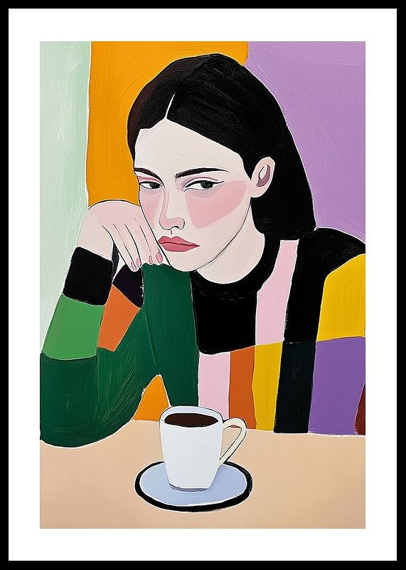 Artă colorată cu o femeie gânditoare și cafea picant-12