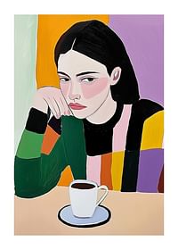 Artă colorată cu o femeie gânditoare și cafea picant-1