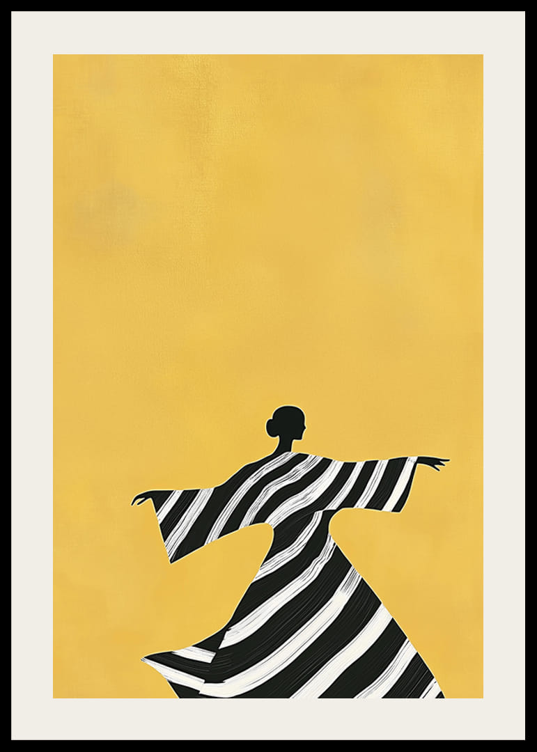 Elegans i svartvitt dansar mot en varm, gul bakgrund-12