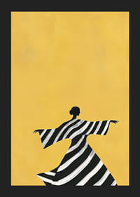 Elegans i svartvitt dansar mot en varm, gul bakgrund-5