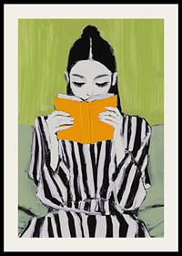 En stilren illustration av läsro med en kvinnas fokus på en lysande orange bok-2