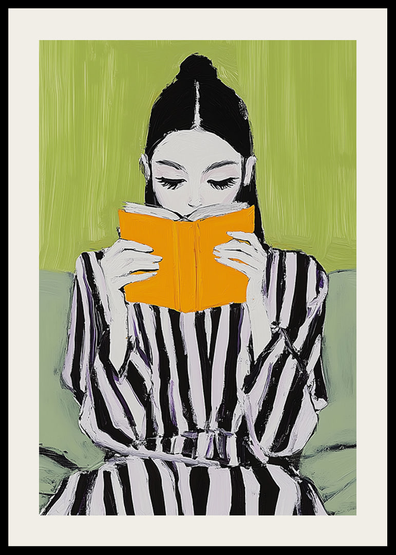 En stilren illustration av läsro med en kvinnas fokus på en lysande orange bok-12
