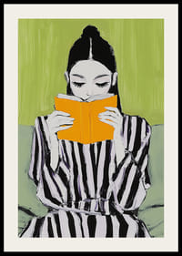 Una elegante ilustración de una lectura tranquila con una mujer concentrada en un libro de color naranja brillante.-2