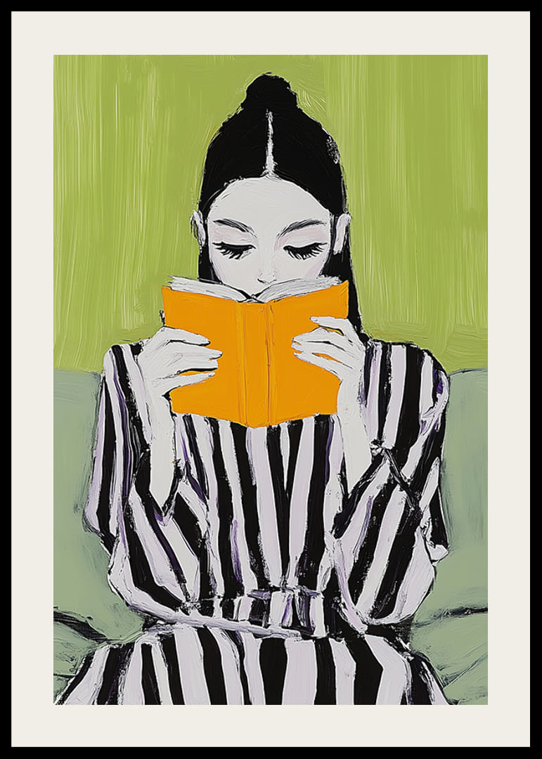 Una elegante ilustración de una lectura tranquila con una mujer concentrada en un libro de color naranja brillante.-12