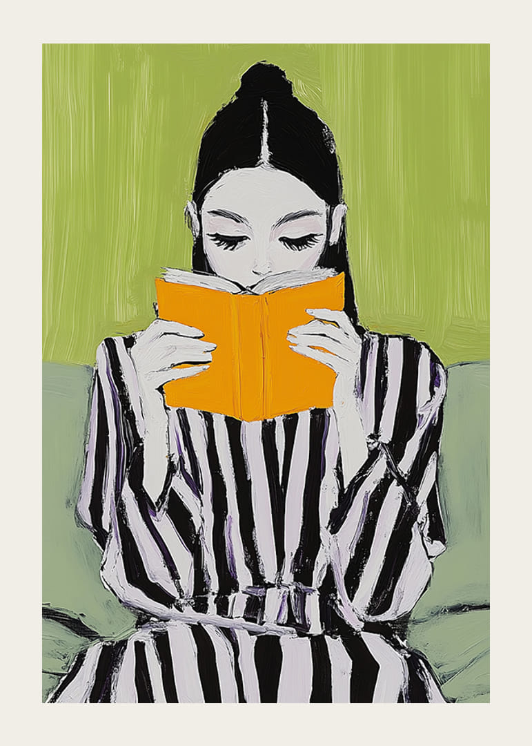 Una elegante ilustración de una lectura tranquila con una mujer concentrada en un libro de color naranja brillante.-12