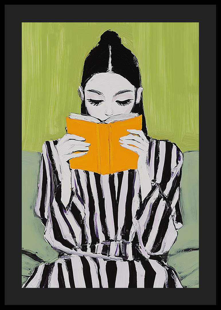 Una elegante ilustración de una lectura tranquila con una mujer concentrada en un libro de color naranja brillante.-12