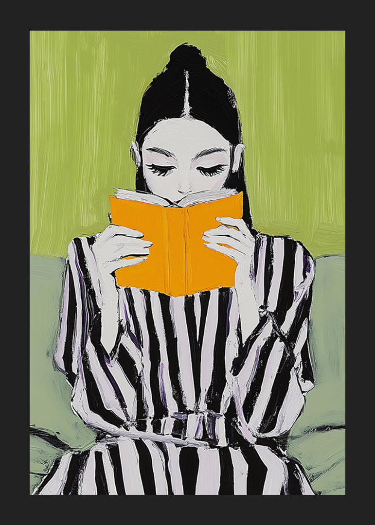 En stilren illustration av läsro med en kvinnas fokus på en lysande orange bok-12