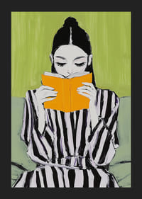 Una elegante ilustración de una lectura tranquila con una mujer concentrada en un libro de color naranja brillante.-5