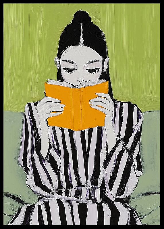 Une illustration élégante de lecture calme avec une femme se concentrant sur un livre orange vif-12