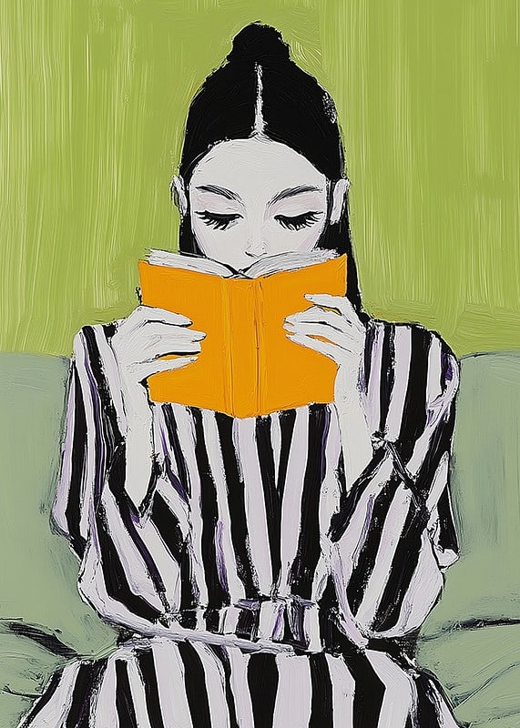 En stilren illustration av läsro med en kvinnas fokus på en lysande orange bok-12