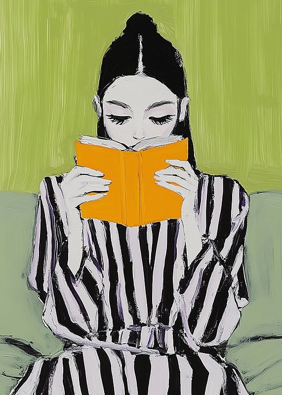 Une illustration élégante de lecture calme avec une femme se concentrant sur un livre orange vif-12