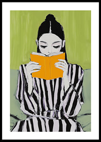 En stilren illustration av läsro med en kvinnas fokus på en lysande orange bok-0