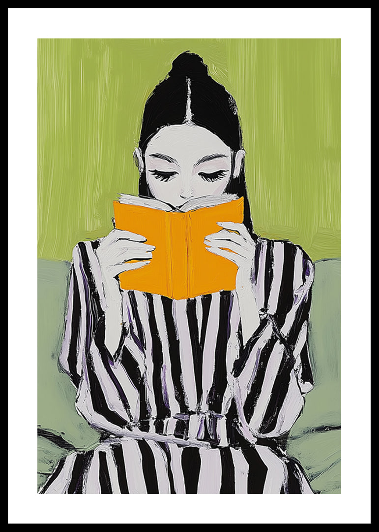 En stilren illustration av läsro med en kvinnas fokus på en lysande orange bok-12