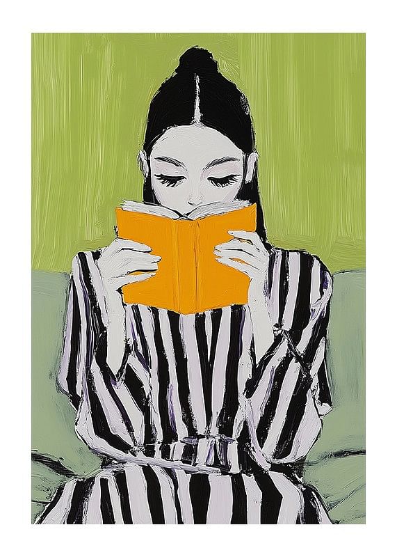 Une illustration élégante de lecture calme avec une femme se concentrant sur un livre orange vif-12